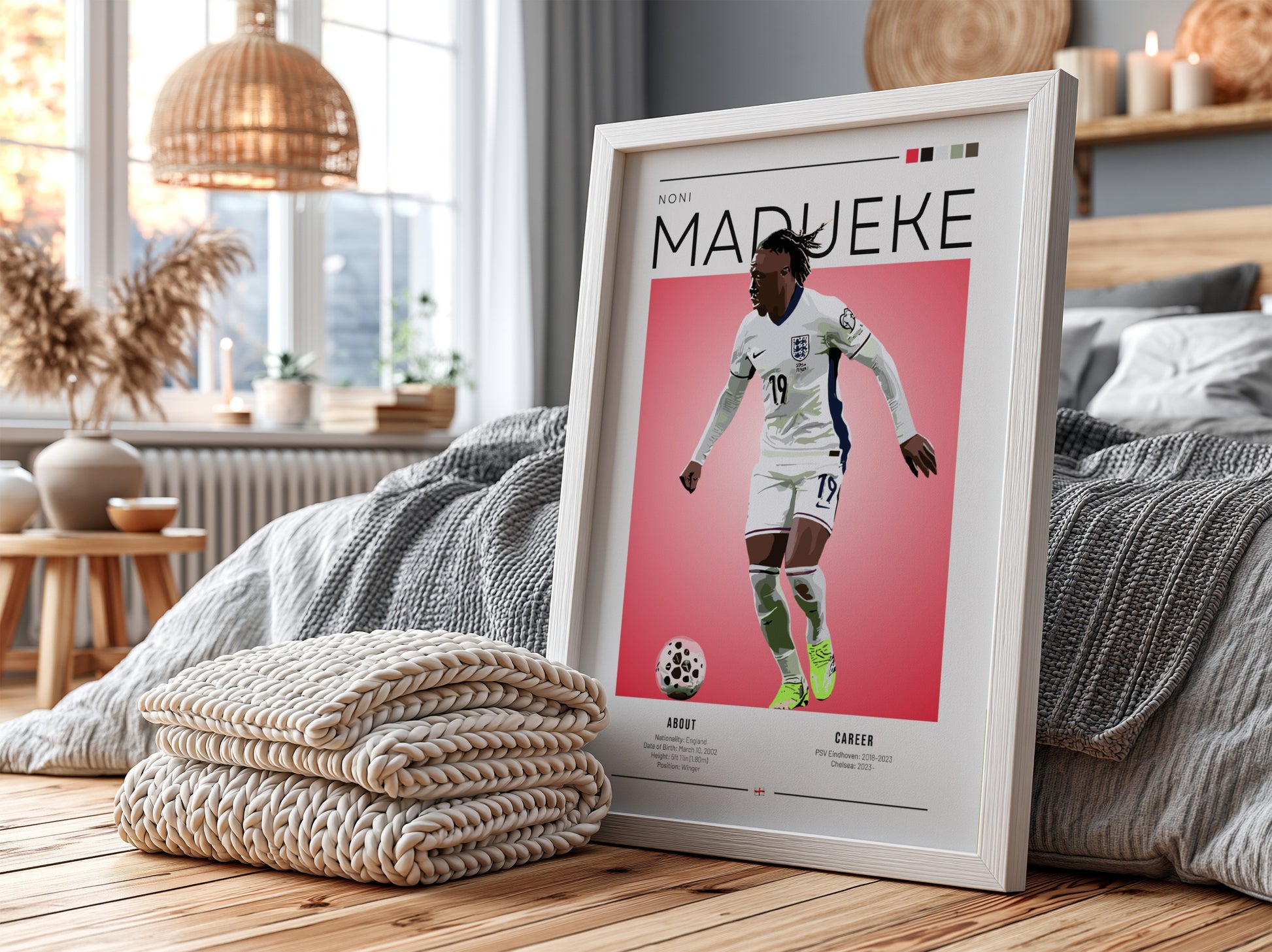 Noni Madueke poster featuring England National Team colors and dynamic action style