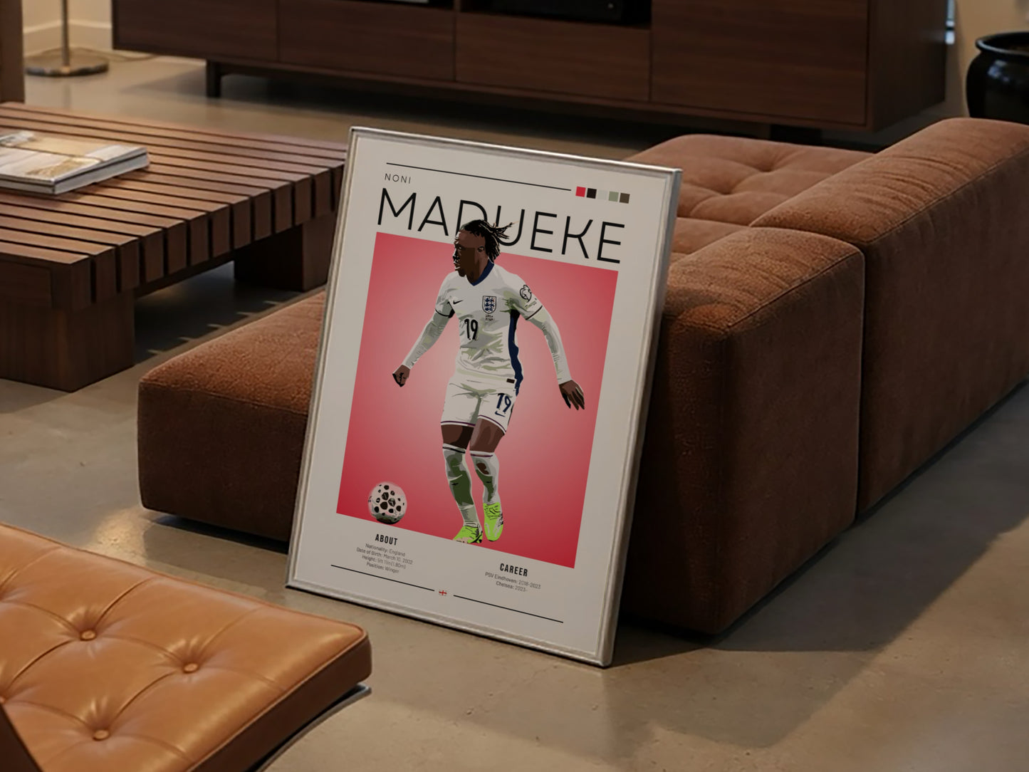 Noni Madueke poster featuring England National Team colors and dynamic action style