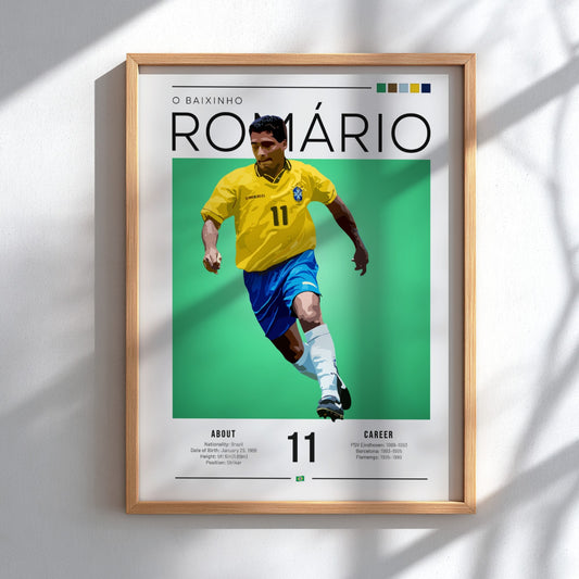 Romário football art featuring vibrant yellow jersey and green background, vintage sports decor