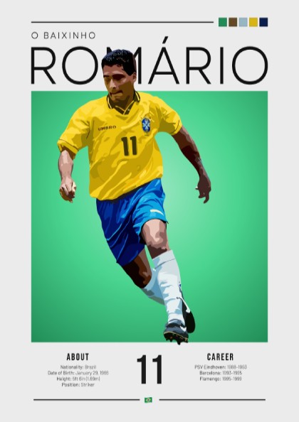 Romário football art featuring vibrant yellow jersey and green background, vintage sports decor