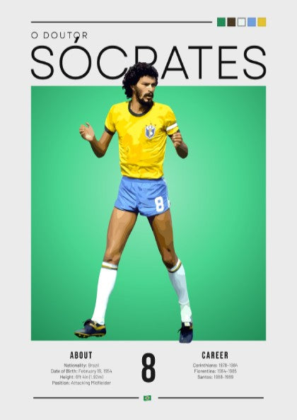 Socrates football poster featuring vibrant yellow and green colors in vintage style