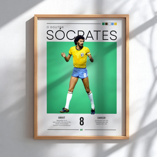 Socrates football poster featuring vibrant yellow and green colors in vintage style