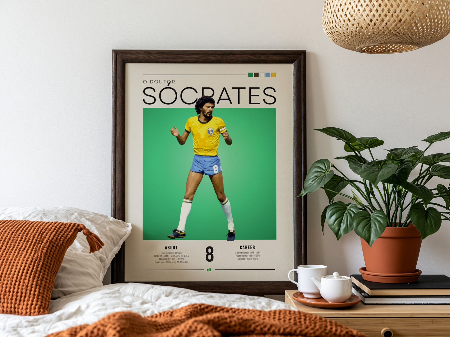 Socrates football poster featuring vibrant yellow and green colors in vintage style