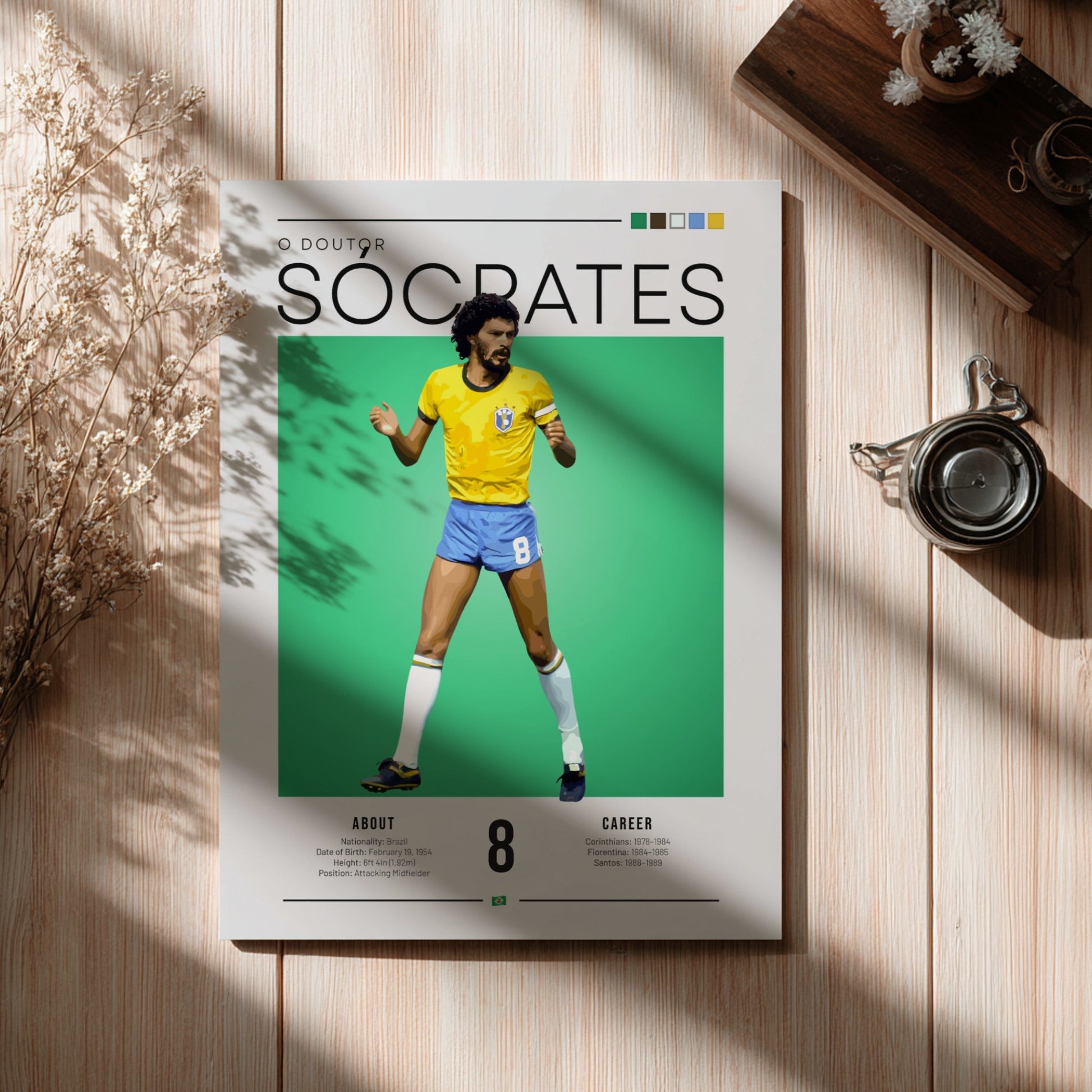 Socrates football poster featuring vibrant yellow and green colors in vintage style