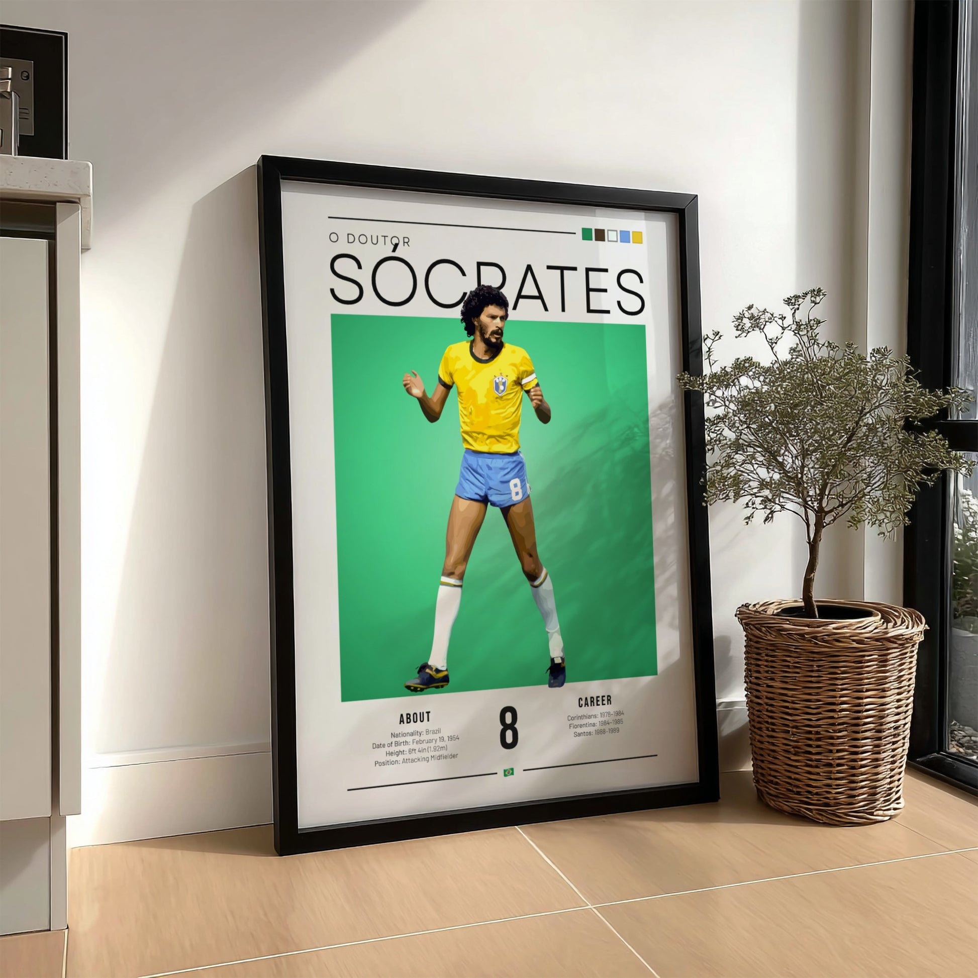 Socrates football poster featuring vibrant yellow and green colors in vintage style