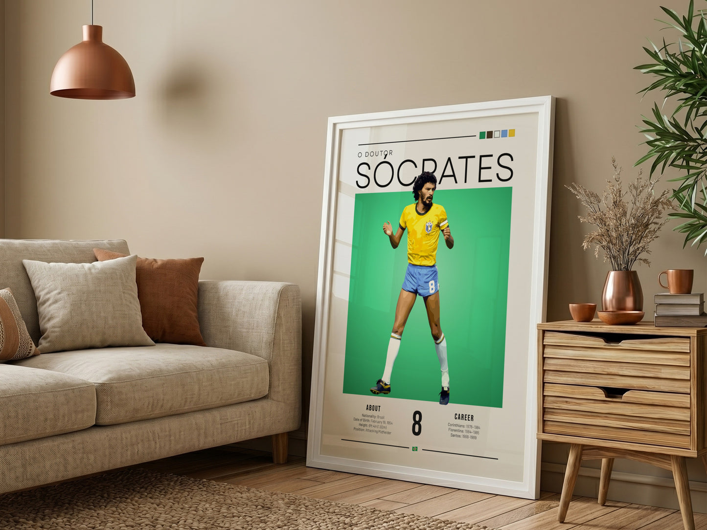 Socrates football poster featuring vibrant yellow and green colors in vintage style