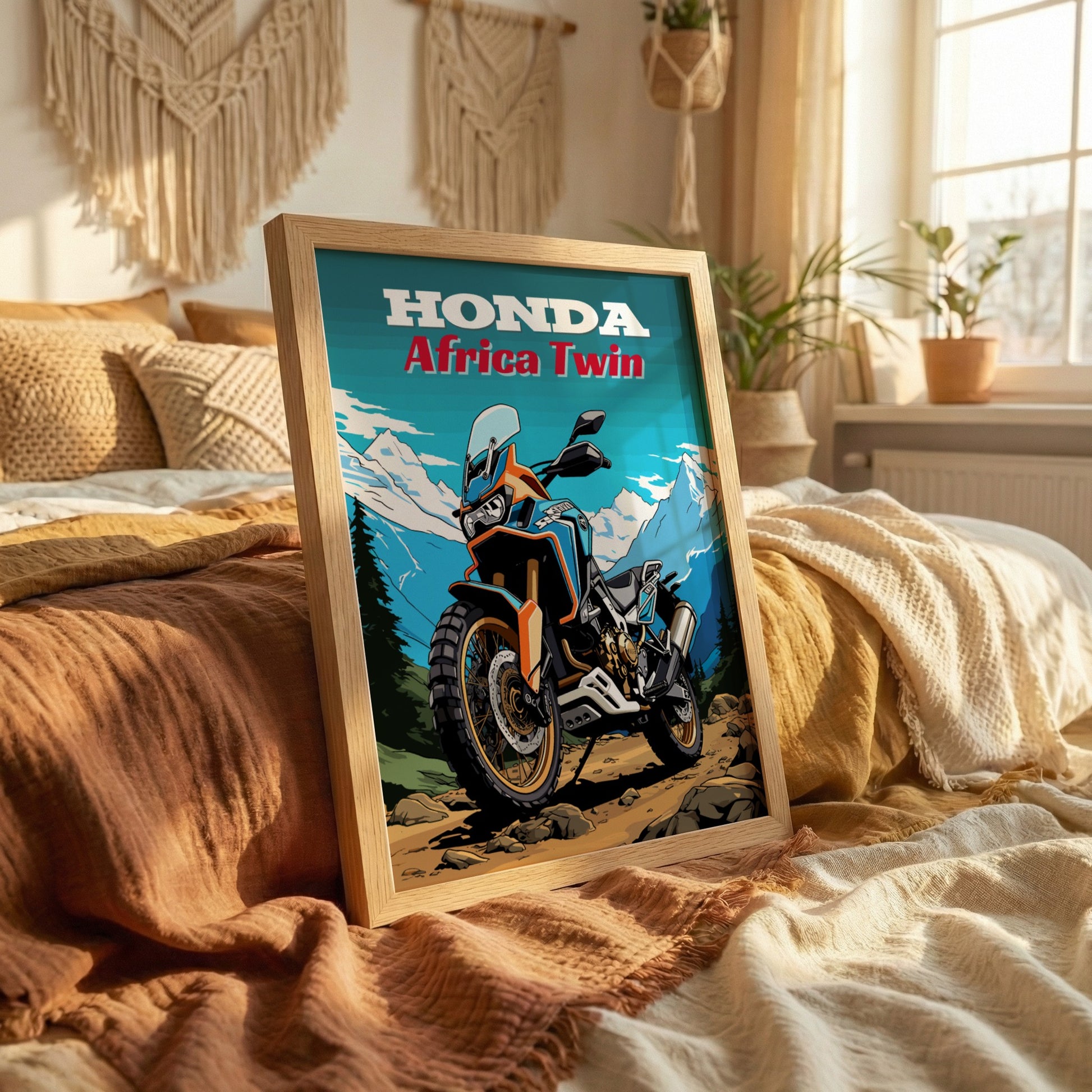 Framed Honda Africa Twin poster on a bed with a cozy room background