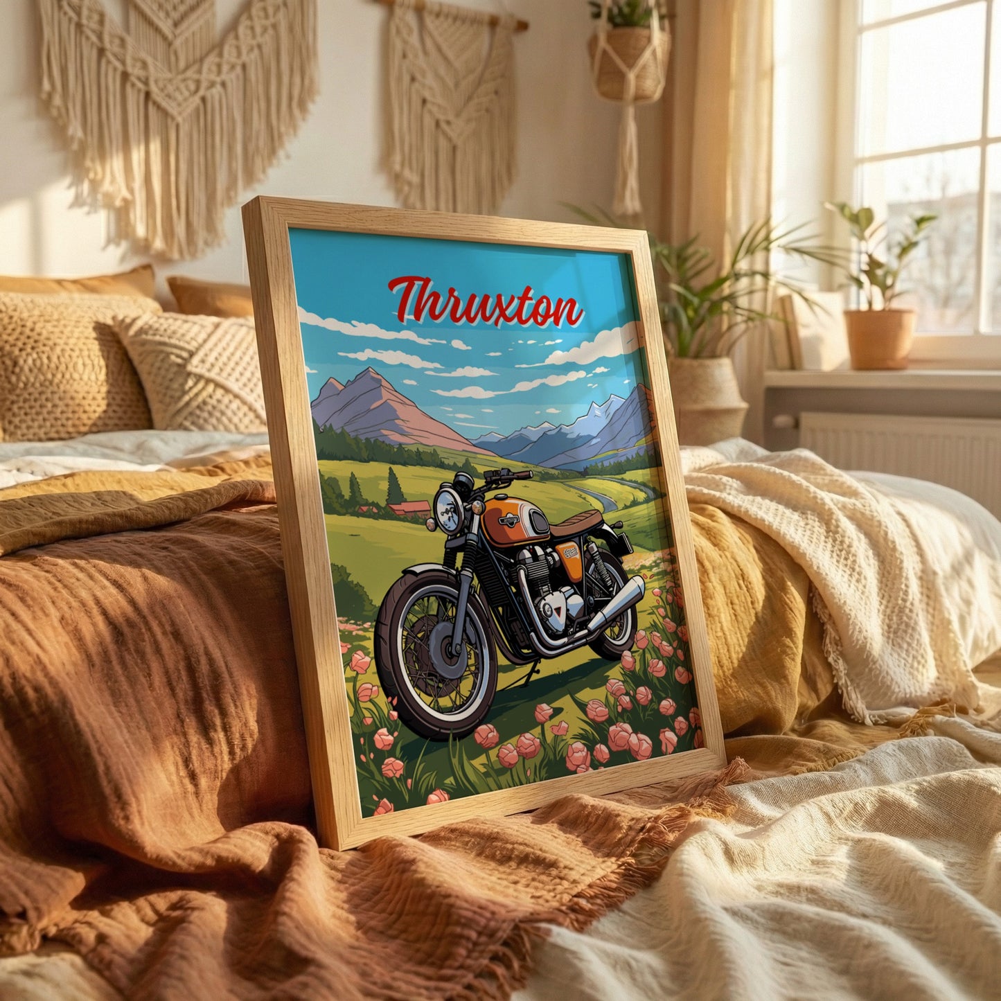 Framed artwork of a motorcycle with 'Thruxton' text in a bedroom setting