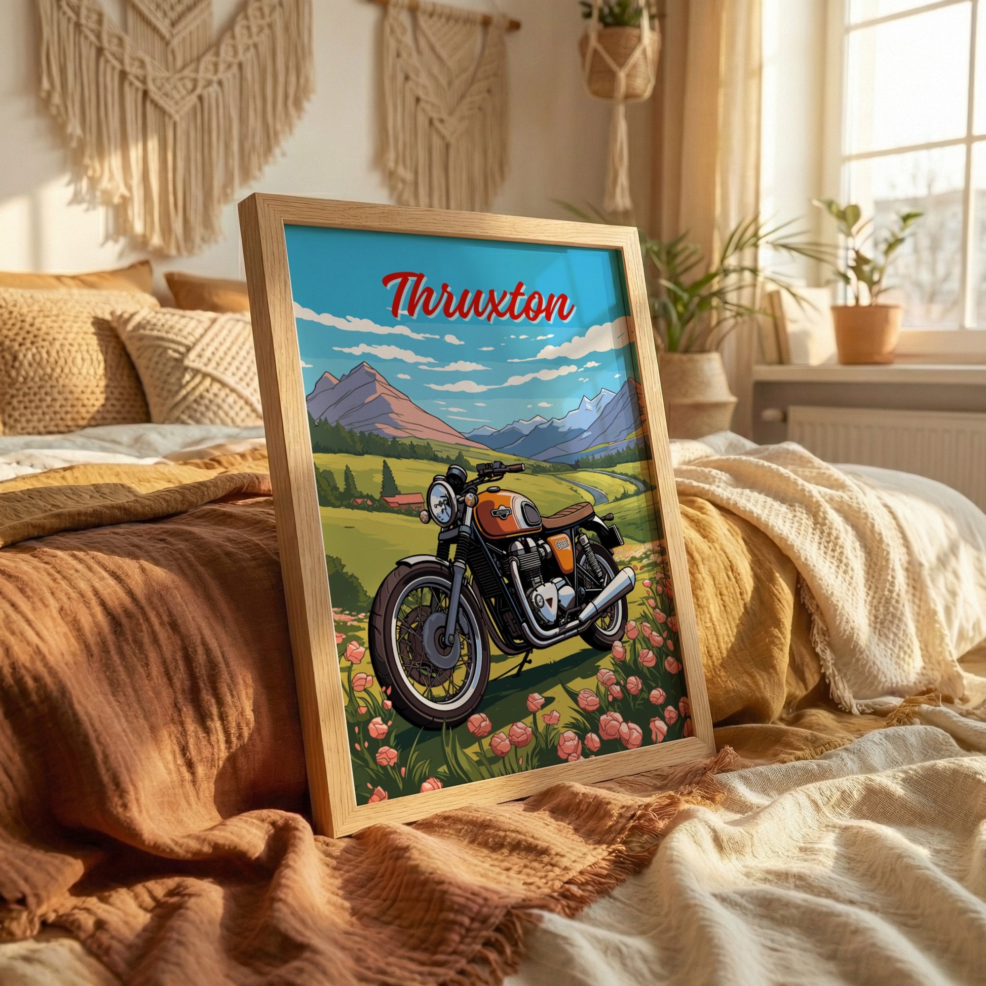 Framed artwork of a motorcycle with 'Thruxton' text in a bedroom setting