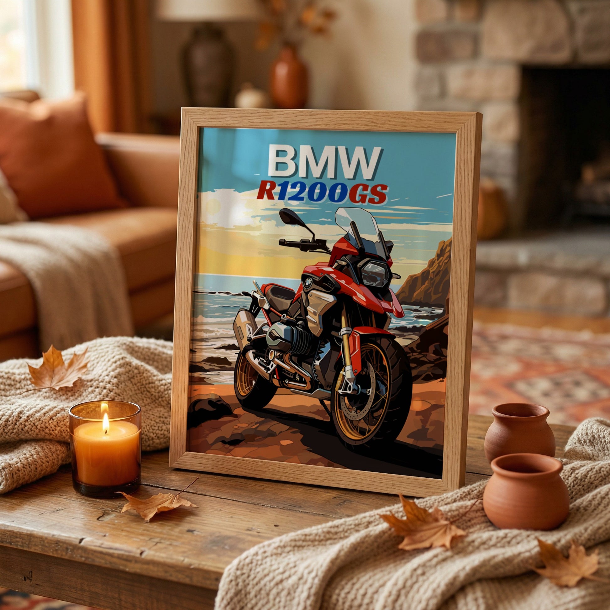 Framed poster of a BMW R1200GS motorcycle on a wooden table with a cozy living room background.