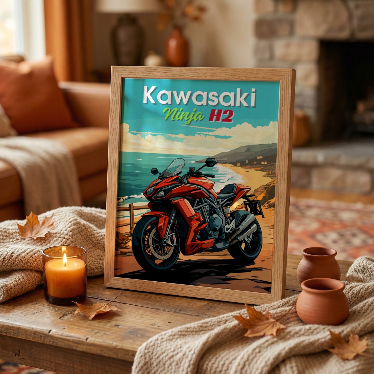 Framed poster of a Kawasaki Ninja H2 motorcycle on a wooden table with a cozy living room background.