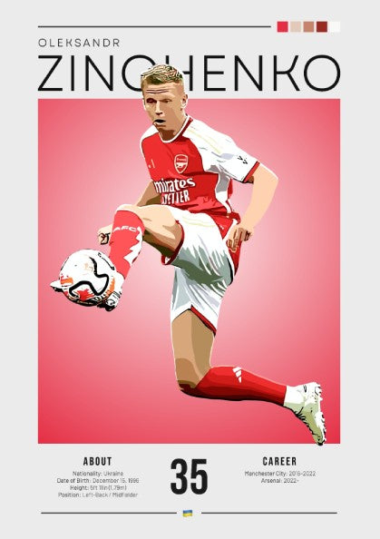 Oleksandr Zinchenko poster featuring vibrant colors and dynamic football action, perfect for sports decor.