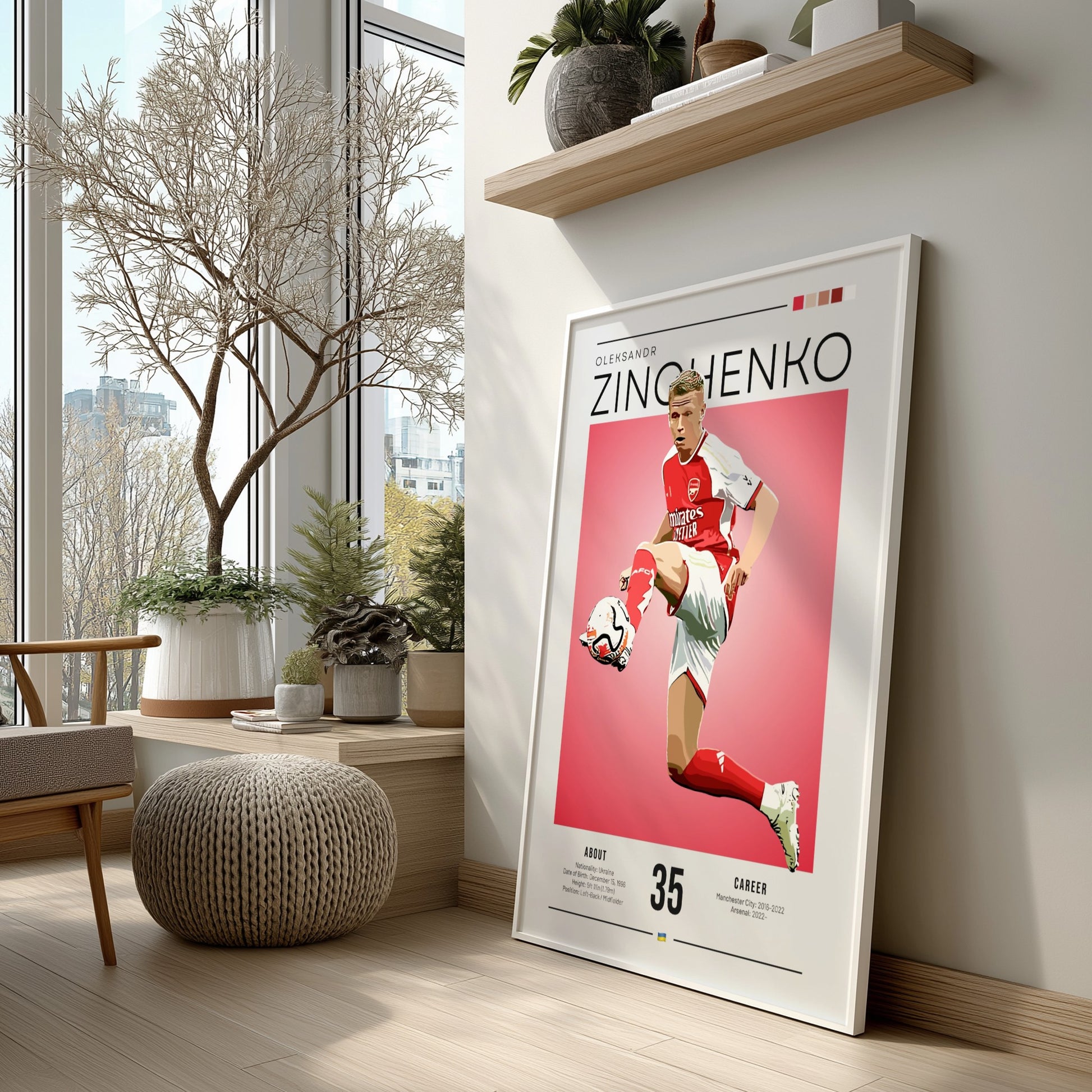 Oleksandr Zinchenko poster featuring vibrant colors and dynamic football action, perfect for sports decor.