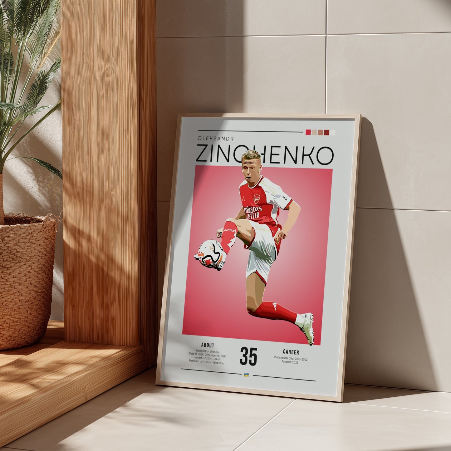 Oleksandr Zinchenko poster featuring vibrant colors and dynamic football action, perfect for sports decor.