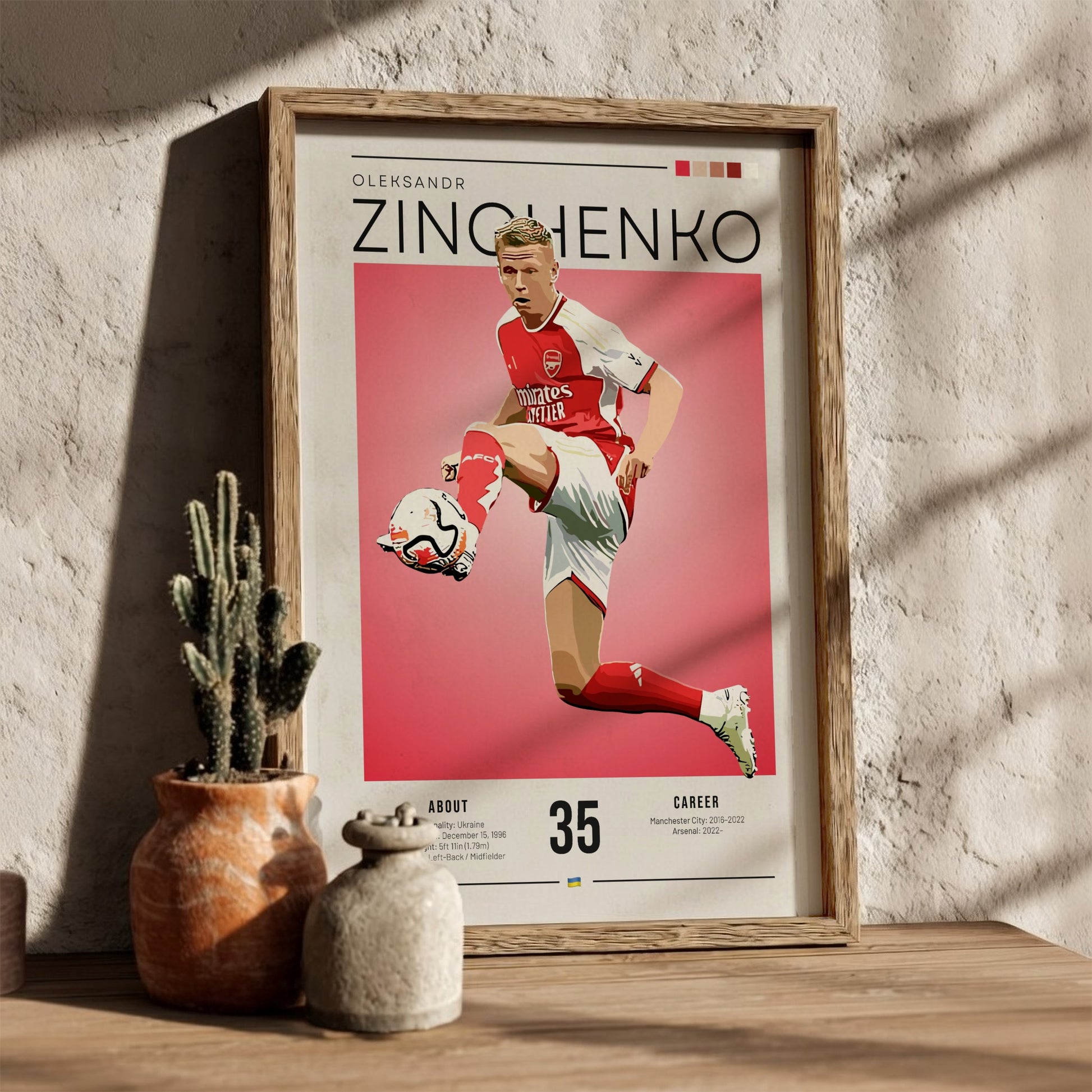Oleksandr Zinchenko poster featuring vibrant colors and dynamic football action, perfect for sports decor.