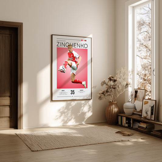 Oleksandr Zinchenko poster featuring vibrant colors and dynamic football action, perfect for sports decor.