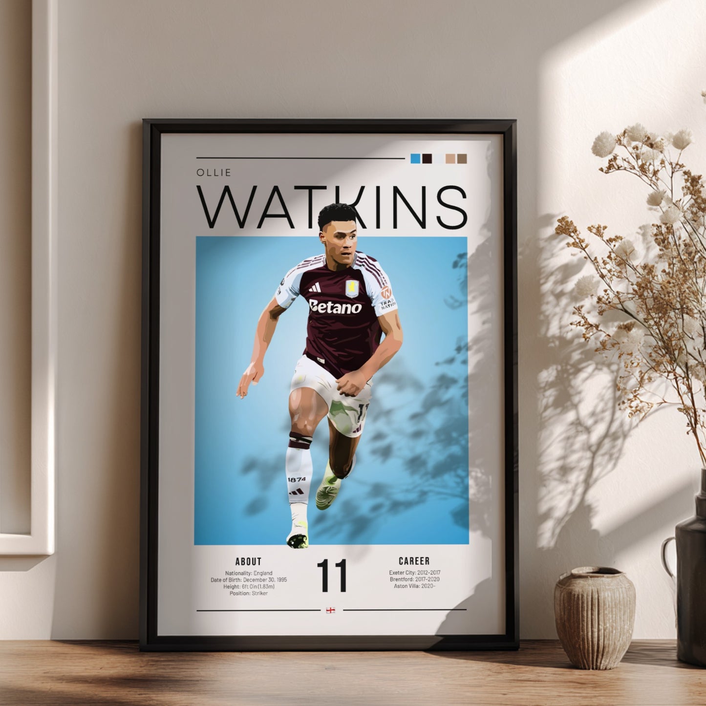 Ollie Watkins football poster featuring Aston Villa player in vibrant colors and dynamic design