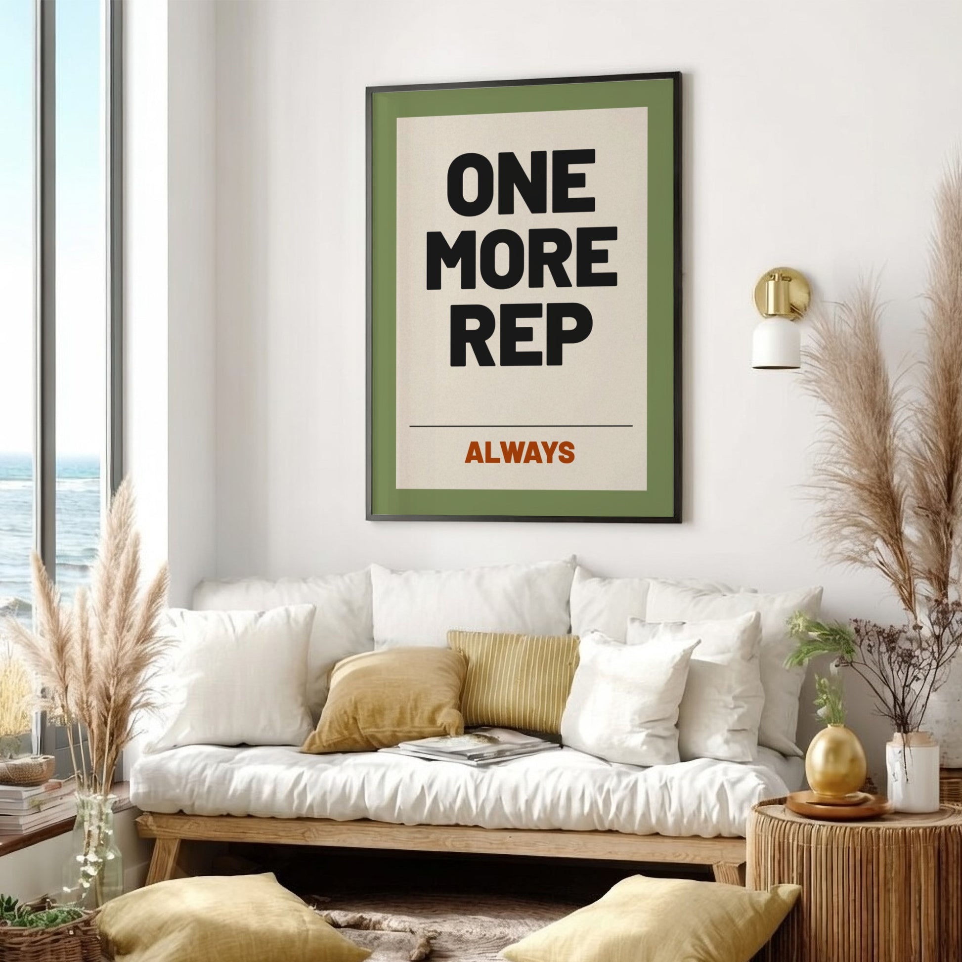 Motivational quotes poster featuring bold typography on an earthy background, ideal for fitness and gym decor.