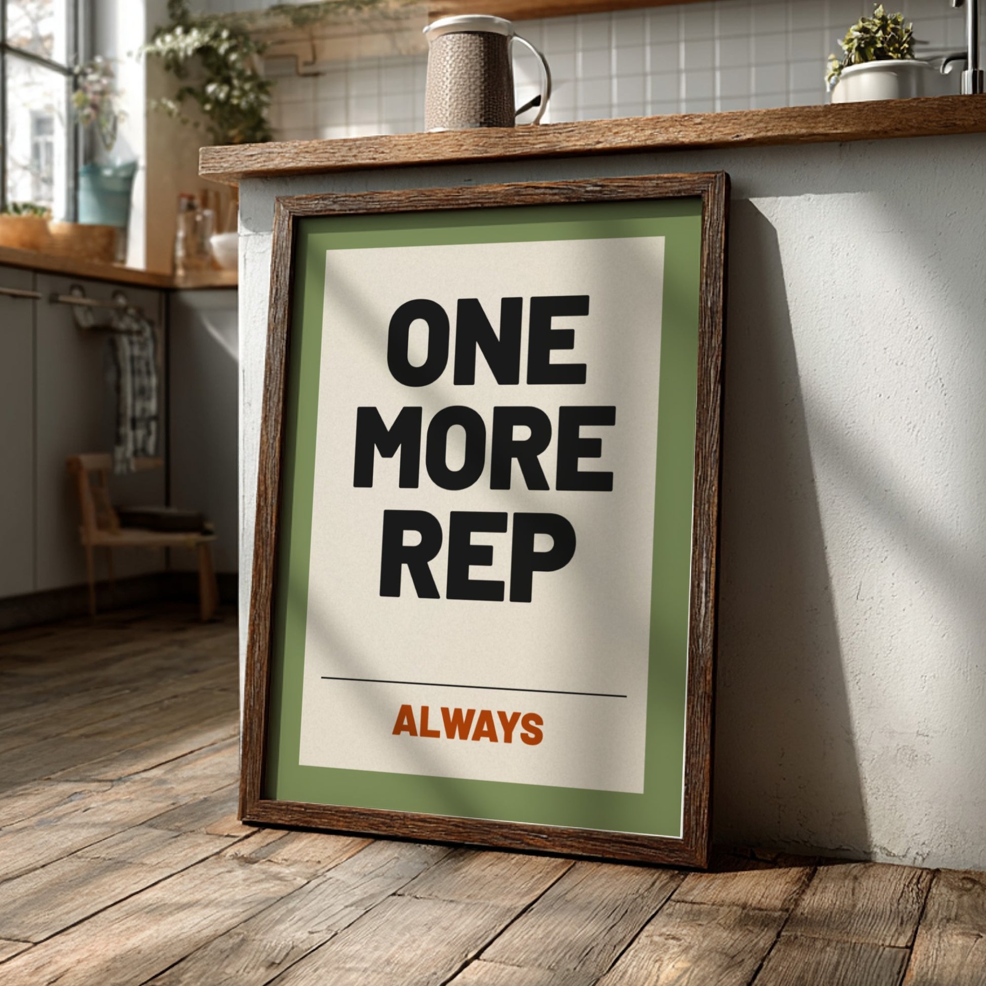 Motivational quotes poster featuring bold typography on an earthy background, ideal for fitness and gym decor.