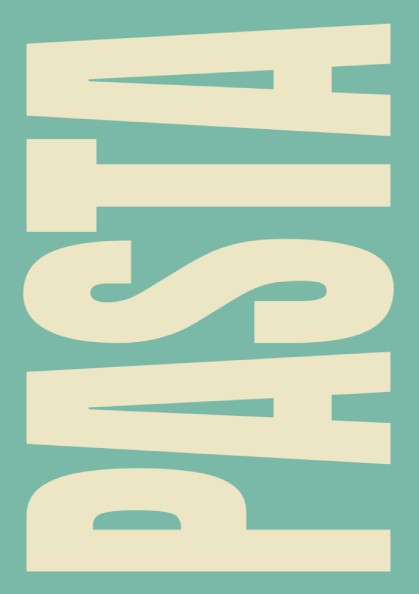 Pasta poster featuring mint and cream colors with bold typography, ideal for kitchen decor.