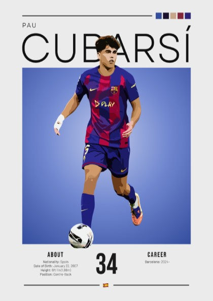 Pau Cubarsí art print featuring dynamic football illustration in Barcelona colors, modern style, vibrant and