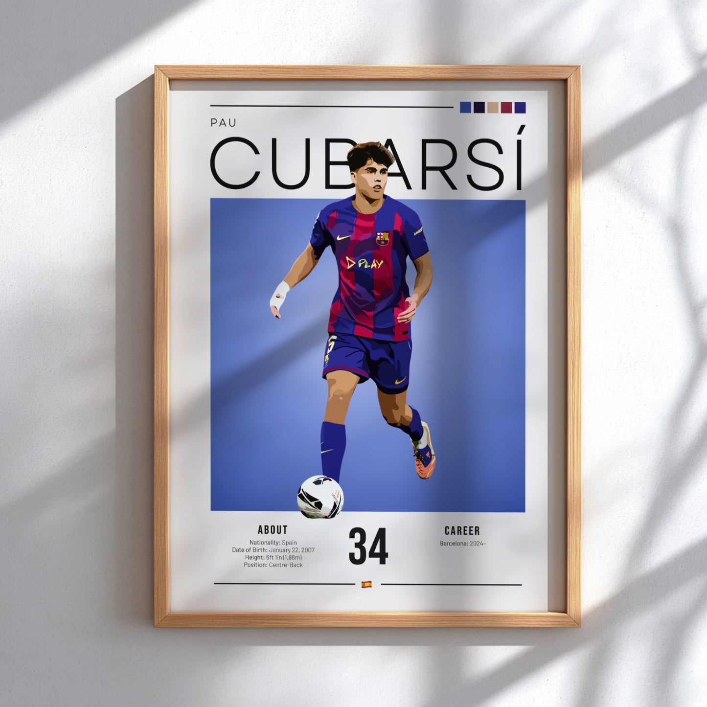 Pau Cubarsí art print featuring dynamic football illustration in Barcelona colors, modern style, vibrant and
