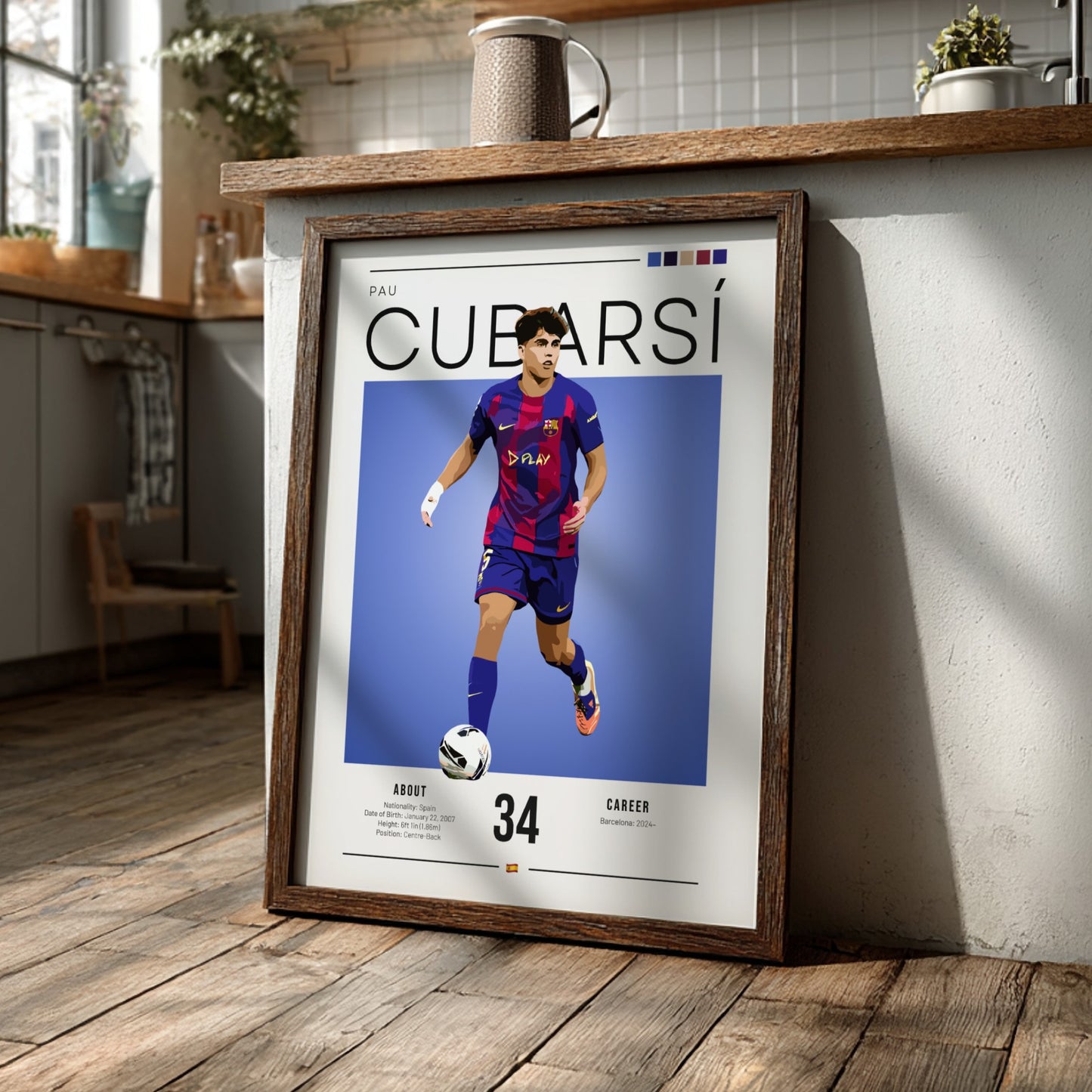 Pau Cubarsí art print featuring dynamic football illustration in Barcelona colors, modern style, vibrant and