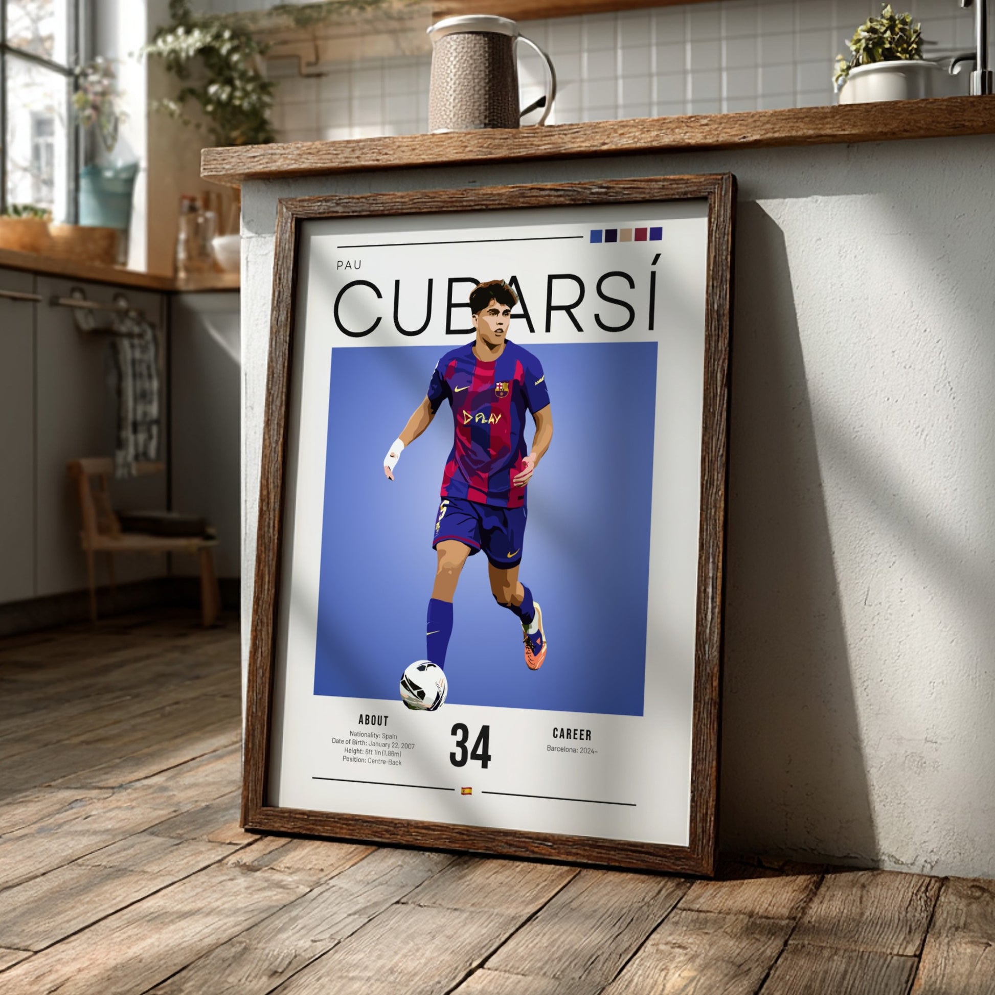 Pau Cubarsí art print featuring dynamic football illustration in Barcelona colors, modern style, vibrant and
