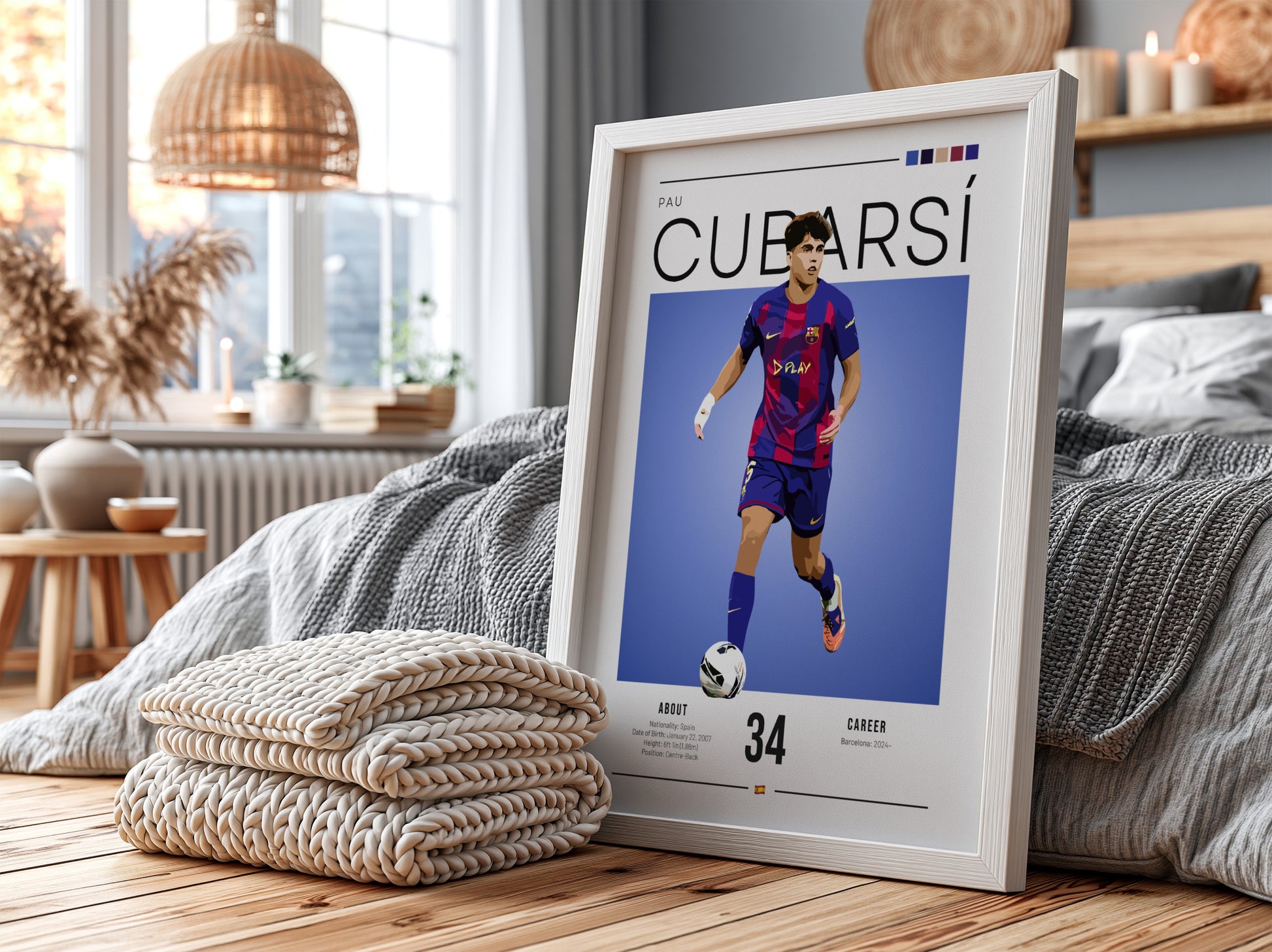 Pau Cubarsí art print featuring dynamic football illustration in Barcelona colors, modern style, vibrant and