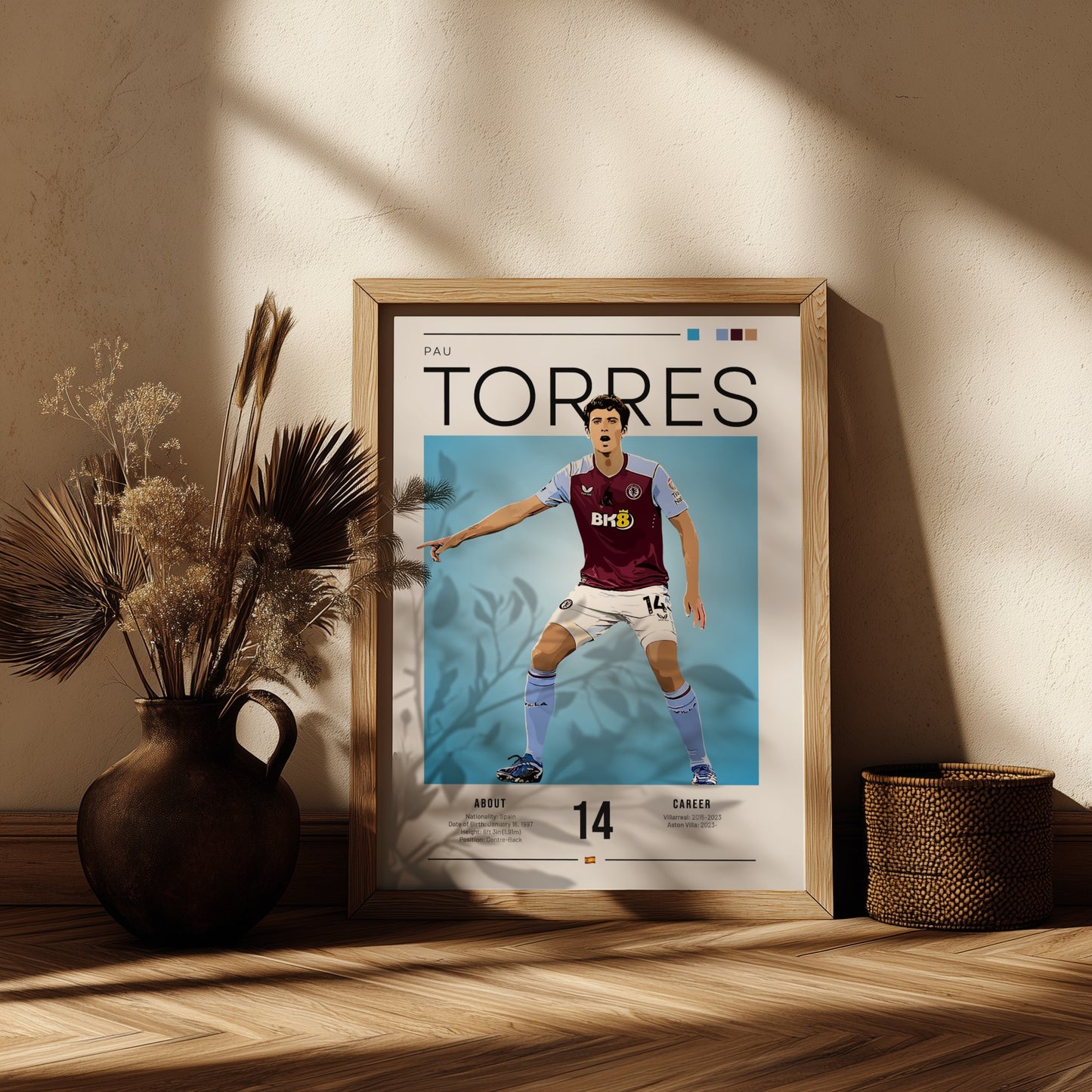 Pau Torres football poster featuring Aston Villa shirt, vibrant colors, modern design, sports art