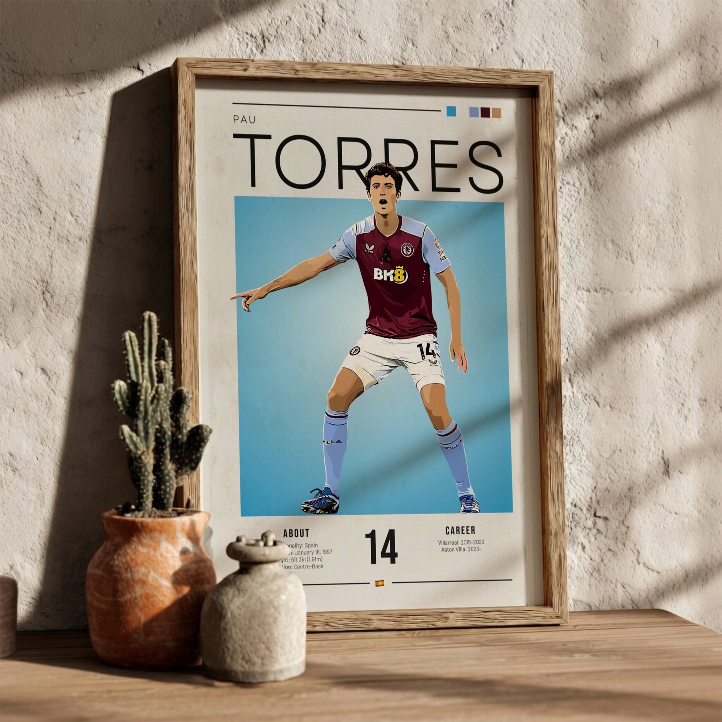 Pau Torres football poster featuring Aston Villa shirt, vibrant colors, modern design, sports art