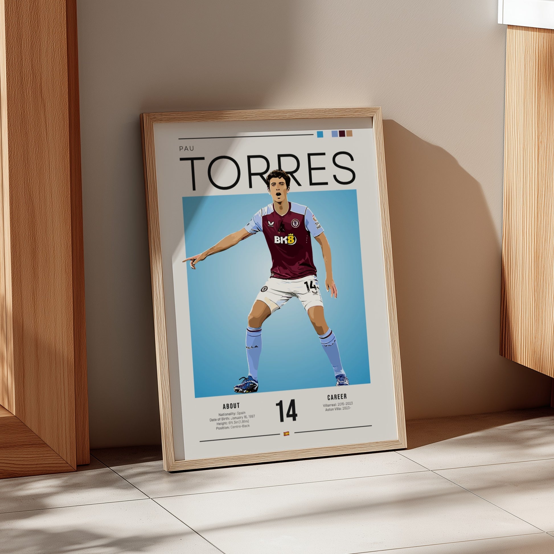 Pau Torres football poster featuring Aston Villa shirt, vibrant colors, modern design, sports art