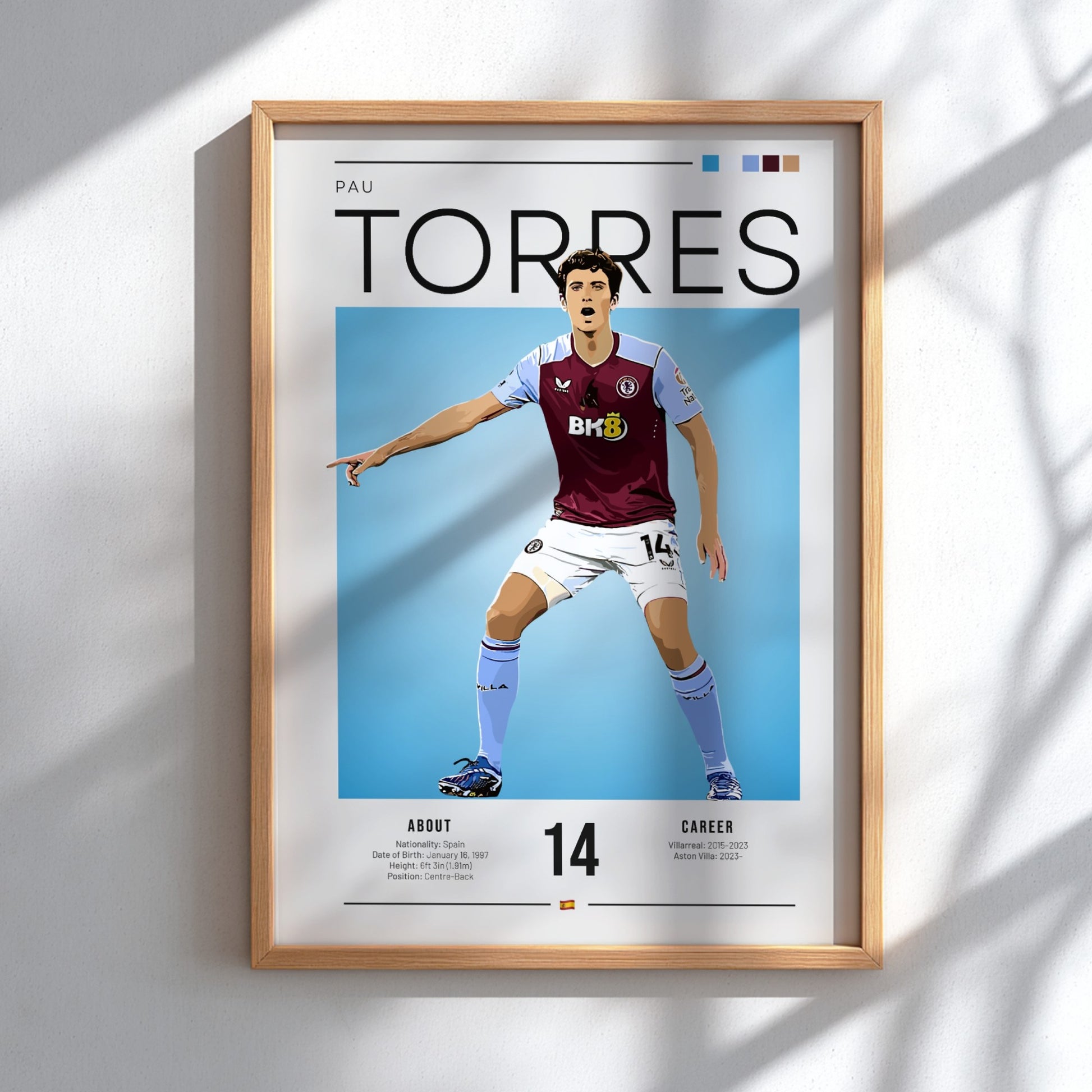 Pau Torres football poster featuring Aston Villa shirt, vibrant colors, modern design, sports art
