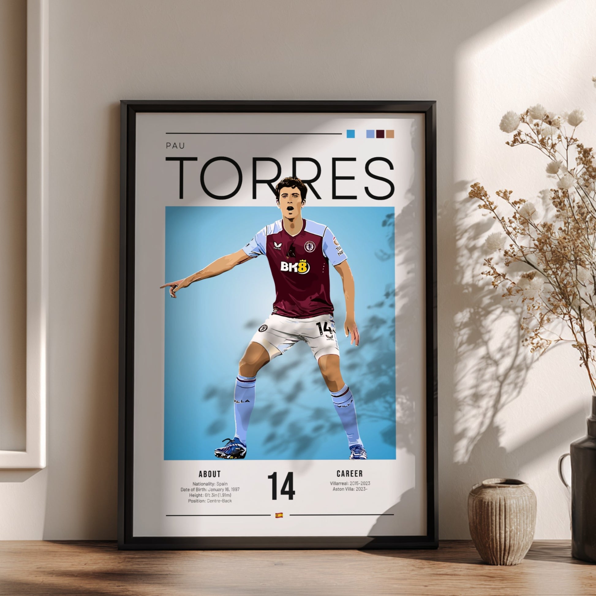 Pau Torres football poster featuring Aston Villa shirt, vibrant colors, modern design, sports art