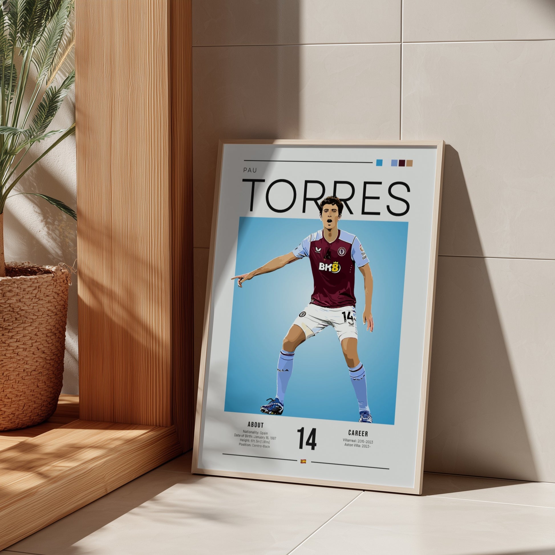 Pau Torres football poster featuring Aston Villa shirt, vibrant colors, modern design, sports art