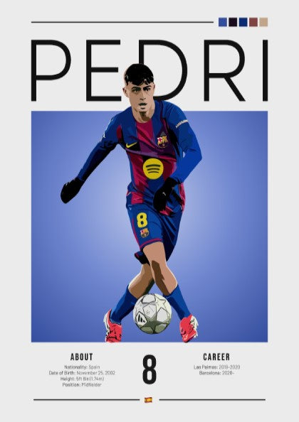 Soccer illustration of Pedri in Barcelona kit, vibrant colors, dynamic pose, sports wall art