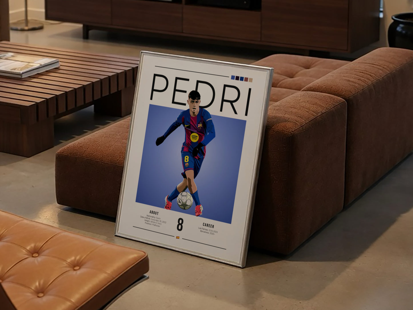 Soccer illustration of Pedri in Barcelona kit, vibrant colors, dynamic pose, sports wall art