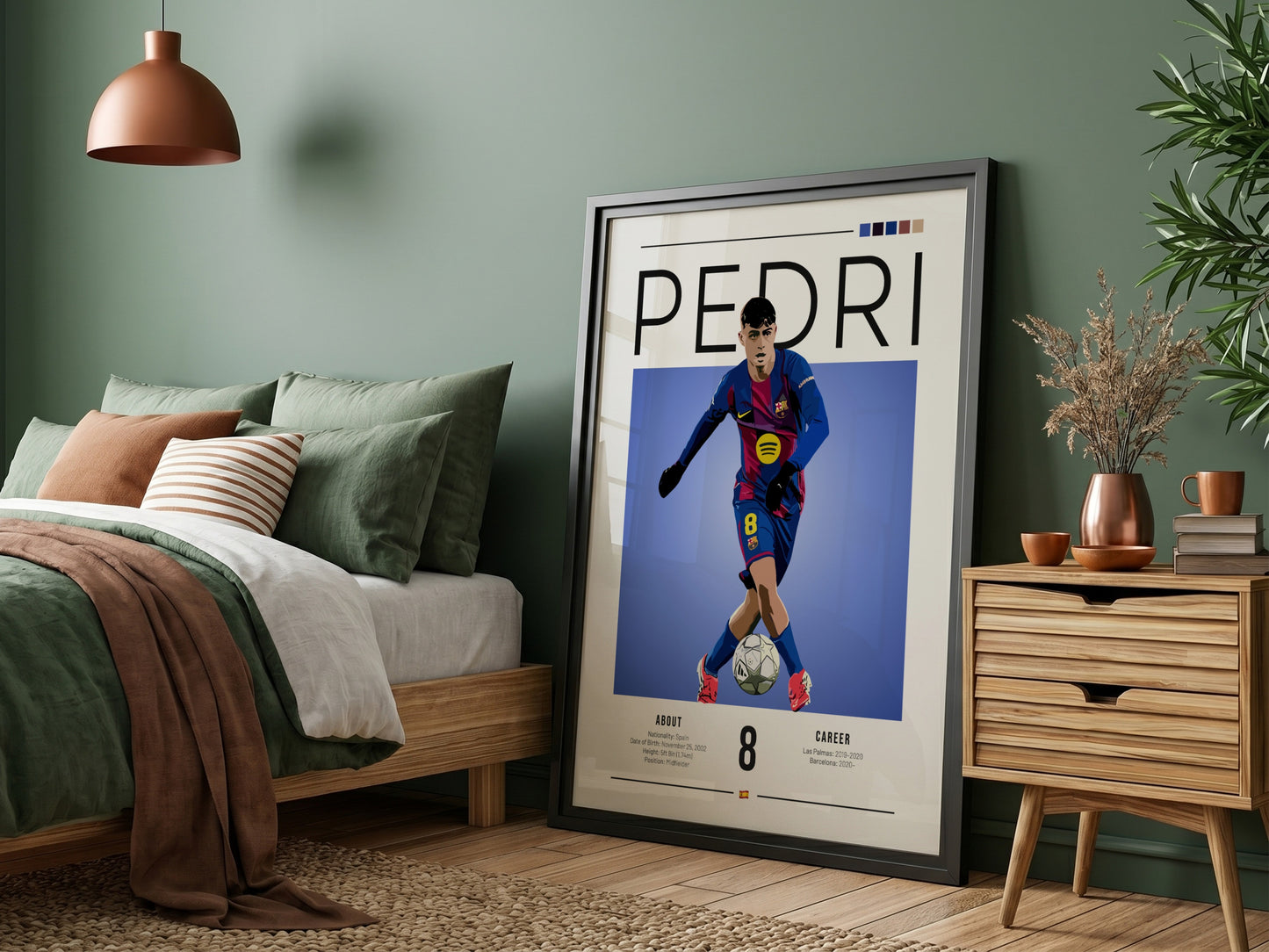 Soccer illustration of Pedri in Barcelona kit, vibrant colors, dynamic pose, sports wall art