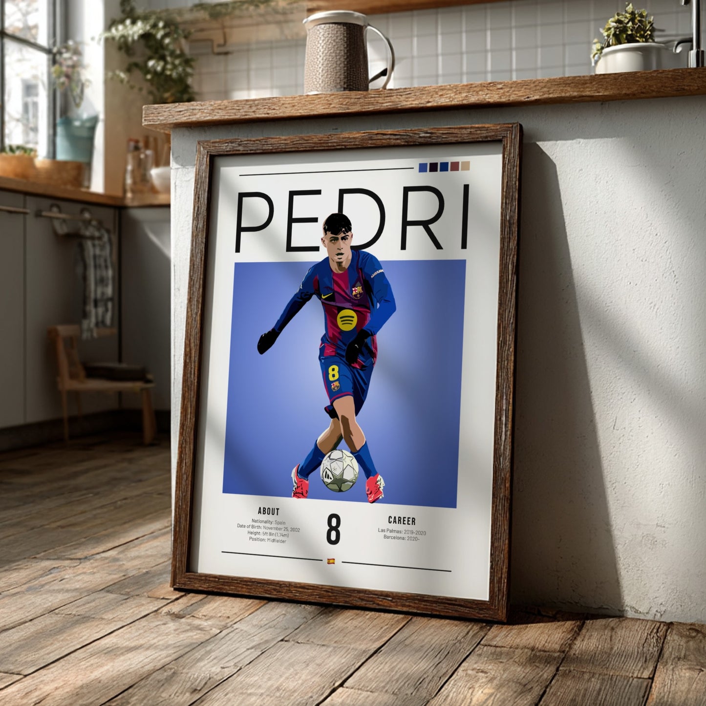 Soccer illustration of Pedri in Barcelona kit, vibrant colors, dynamic pose, sports wall art