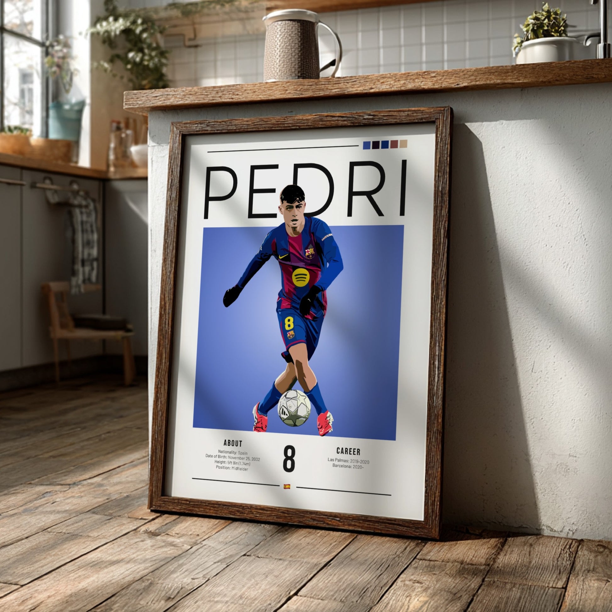 Soccer illustration of Pedri in Barcelona kit, vibrant colors, dynamic pose, sports wall art