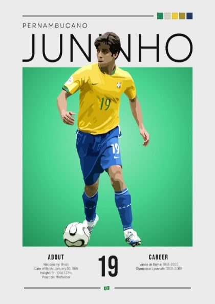 Juninho Brazil football player art print featuring yellow and green colors in a modern style