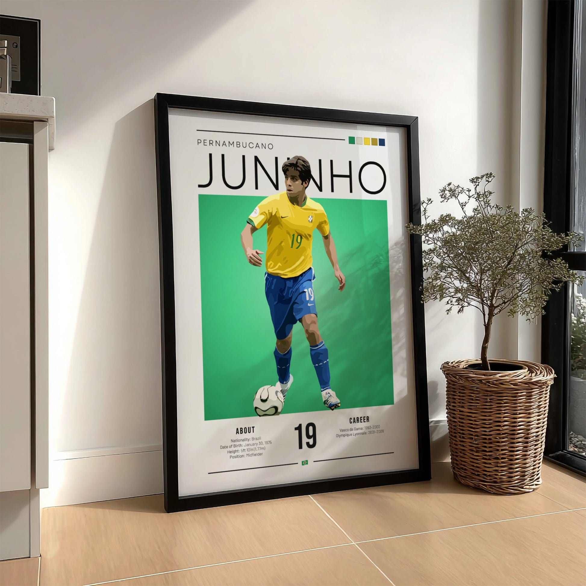 Juninho Brazil football player art print featuring yellow and green colors in a modern style