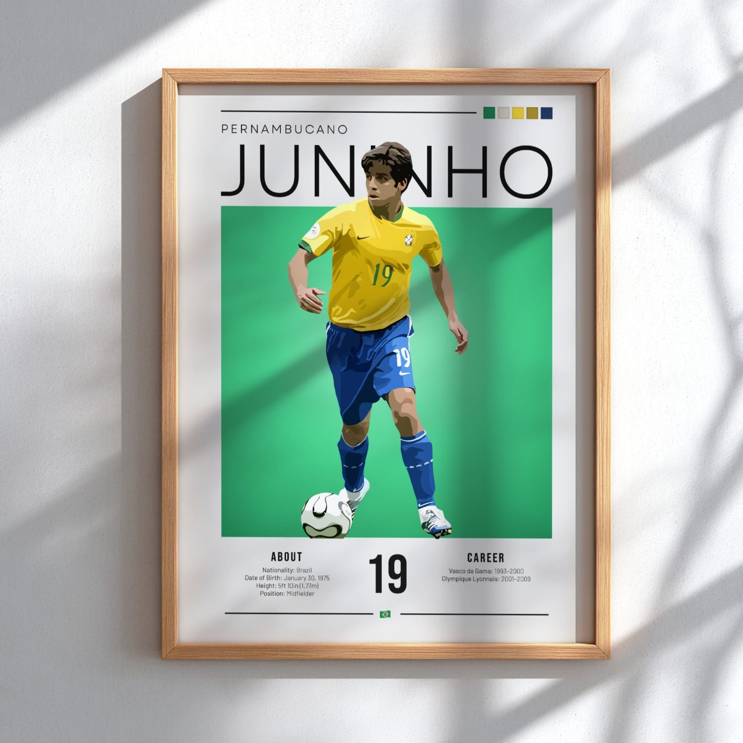 Juninho Brazil football player art print featuring yellow and green colors in a modern style