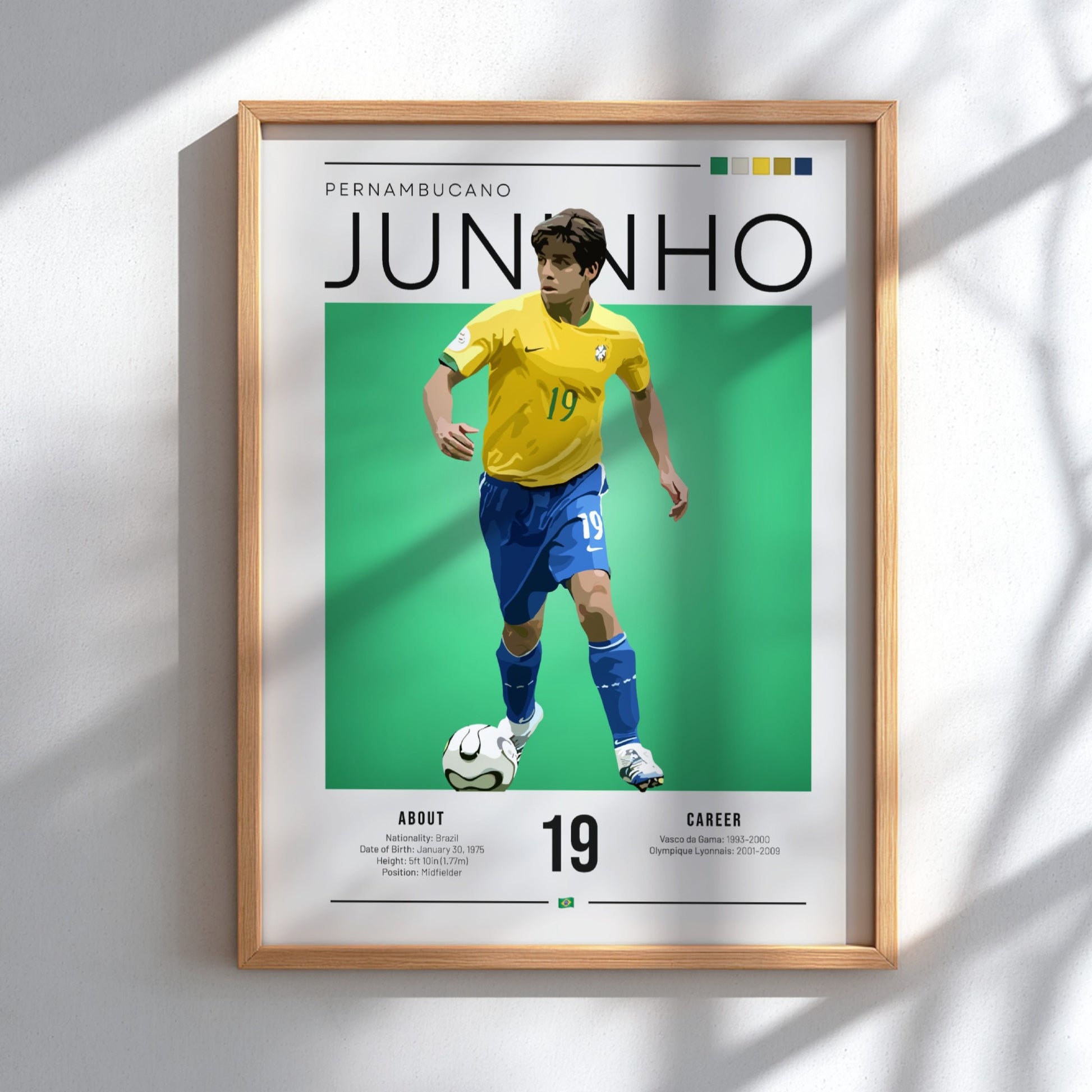 Juninho Brazil football player art print featuring yellow and green colors in a modern style