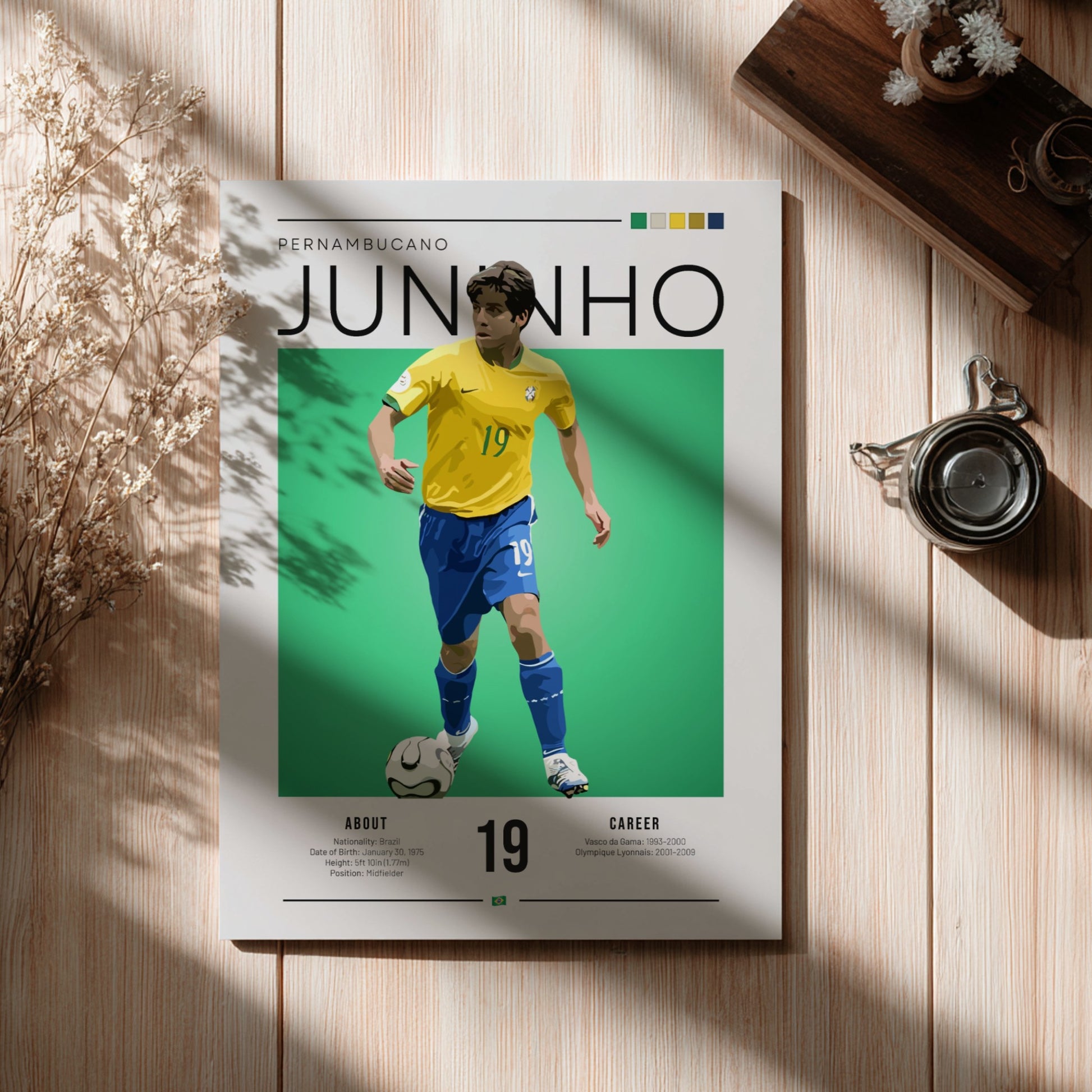 Juninho Brazil football player art print featuring yellow and green colors in a modern style