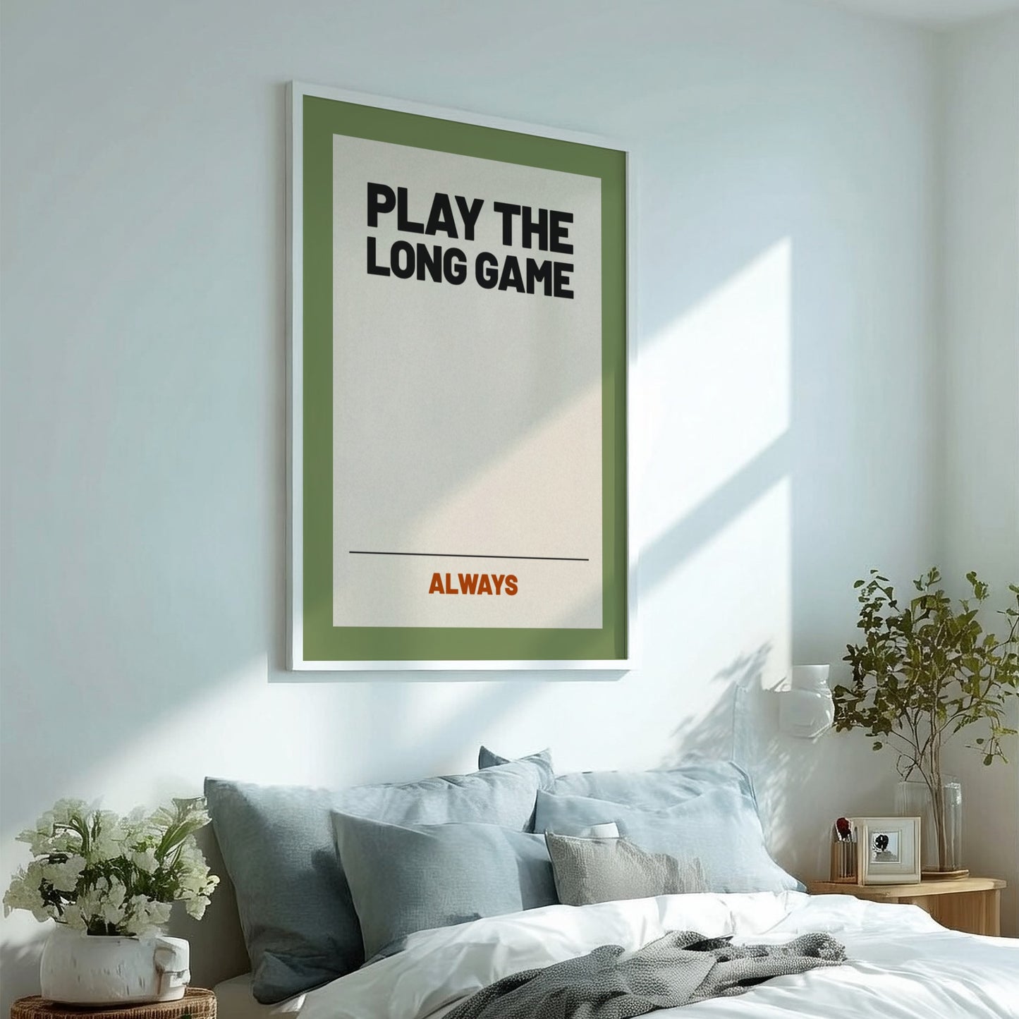 Motivational quotes poster featuring 'Play the Long Game' in bold typography with a neutral background and