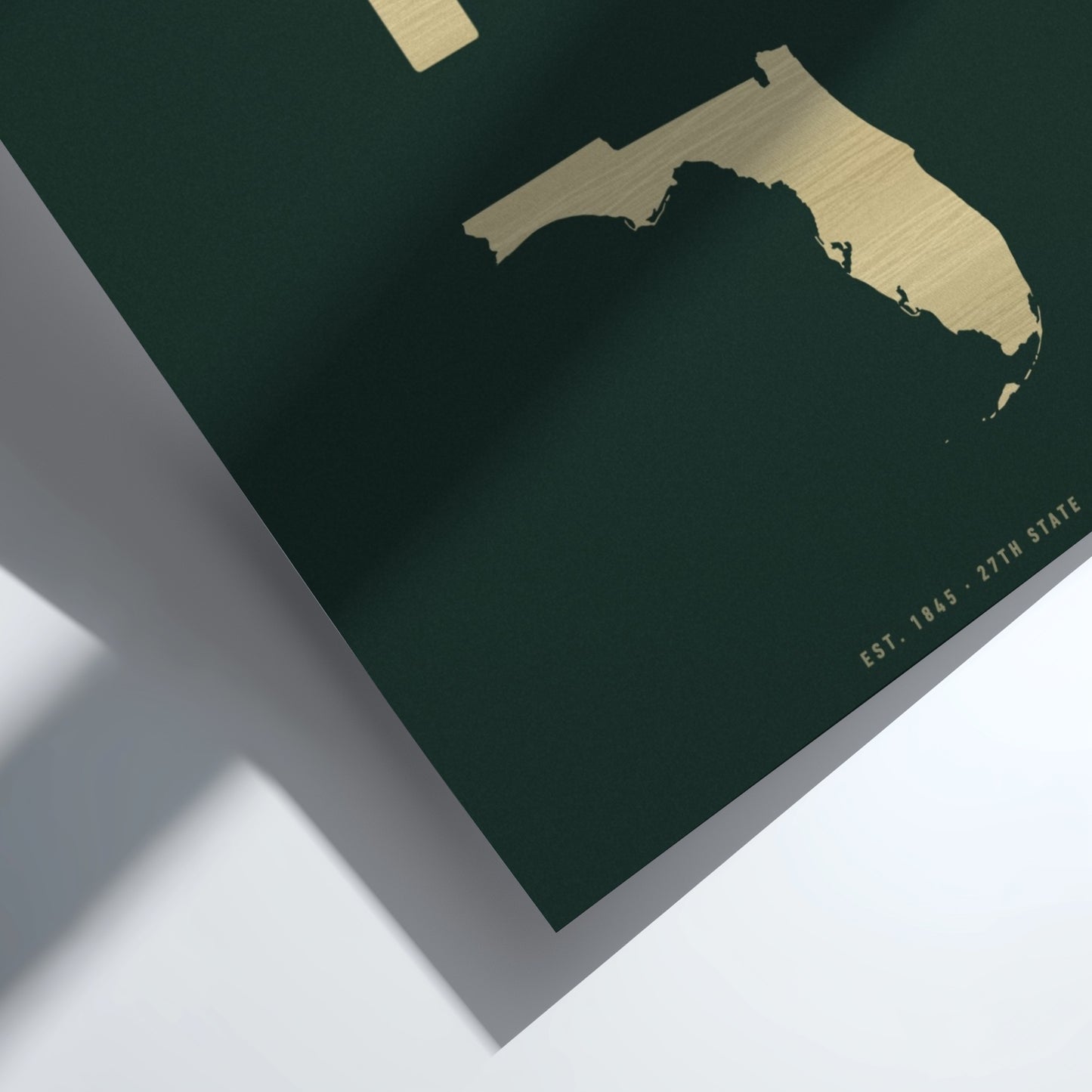 Gold map of Florida on a dark green background