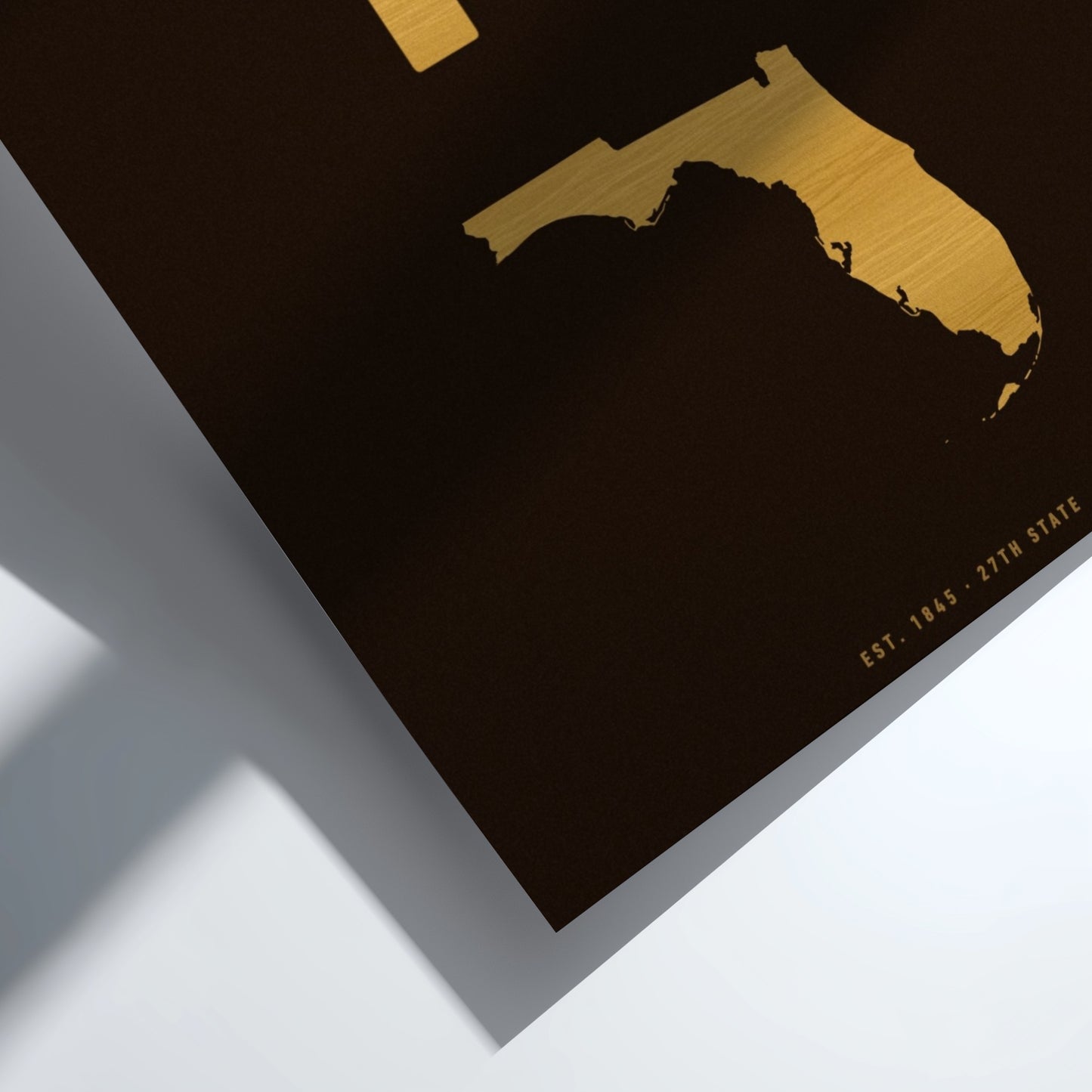 Gold map of Florida on a black background