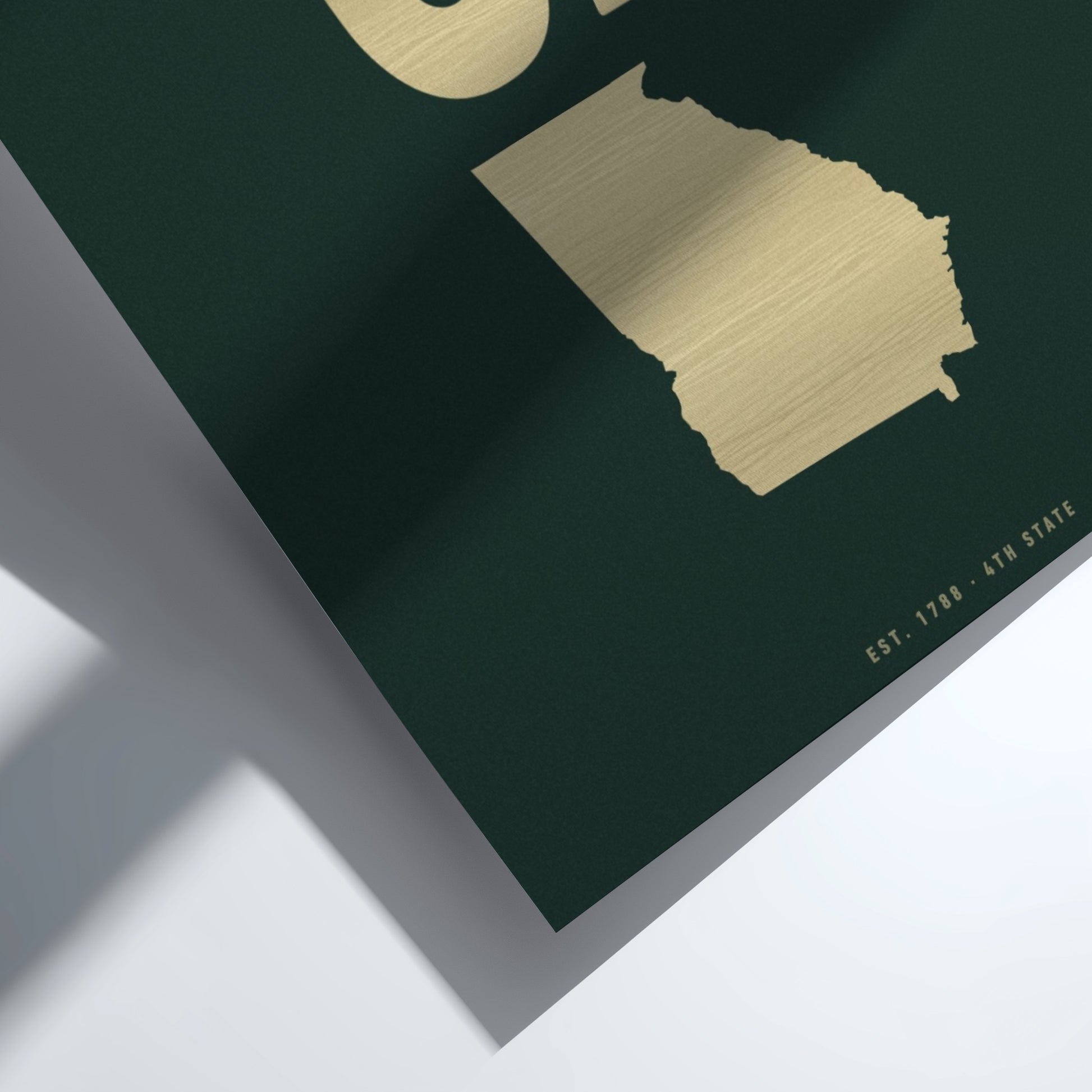 Gold map of Georgia on a dark green background