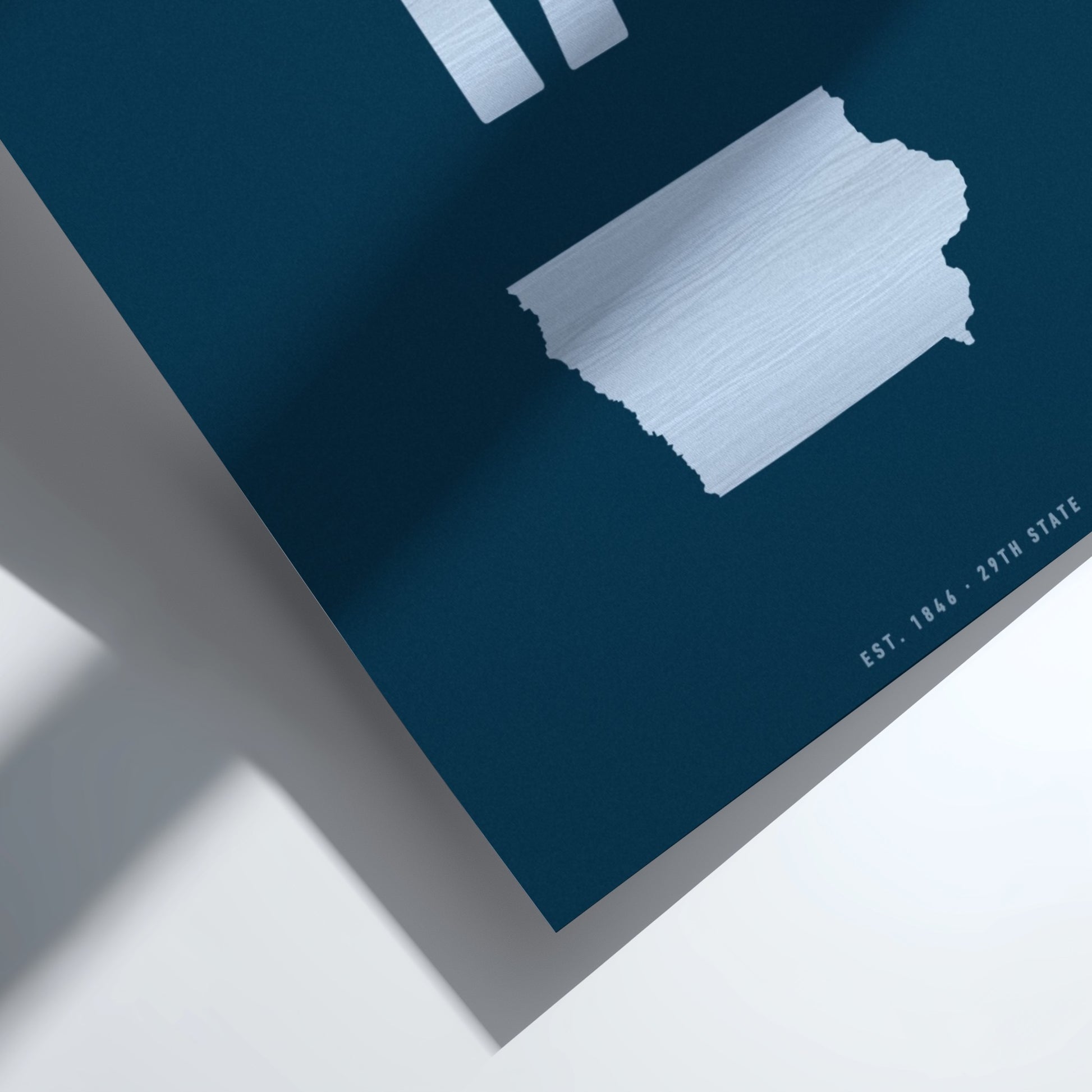 Map of Iowa on a blue background with a white border